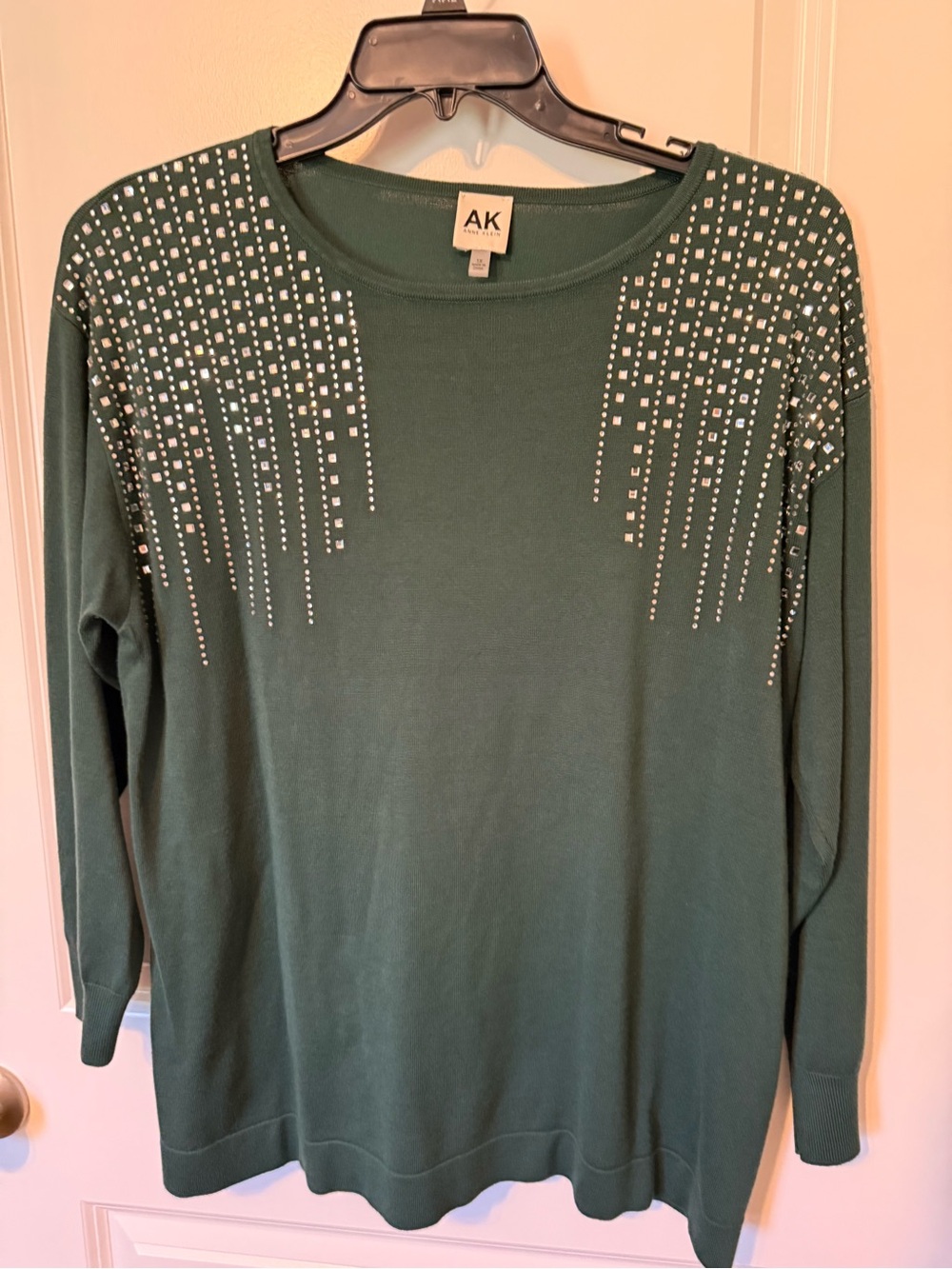 Anne Klein Forest Green Rhinestone-Embellished Long Sleeve Top